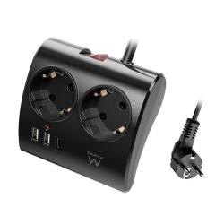 EWENT EW3871 Regleta 2  Shucko 2 Usb-A 1 Usb-C Neg
