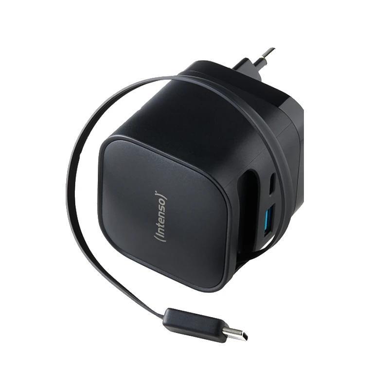 Intenso Cargador GaN W65ACIC retráctil Negro
