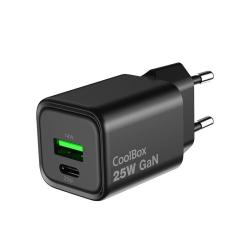 COOLBOX Cargador Gan 25W USB-A/USB-C Pared Negro